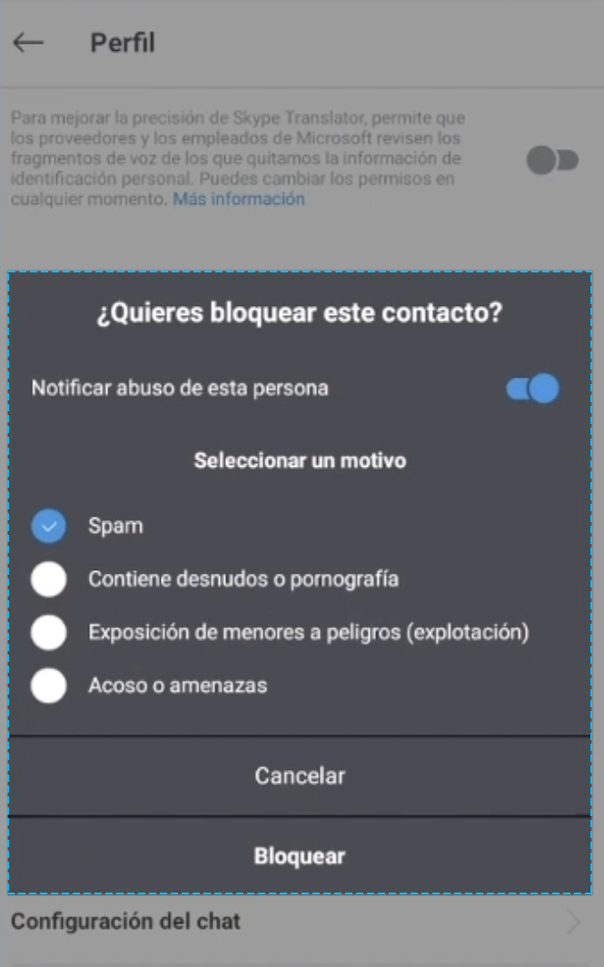 Cuadro de confirmación bloqueo contacto Skype